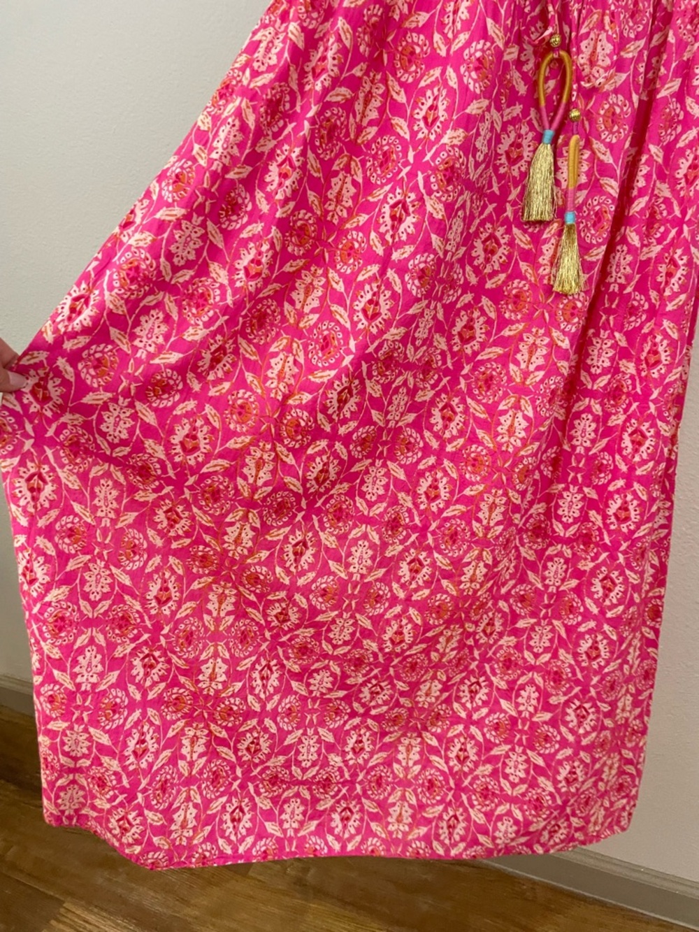THML Pink Floral Off-Shoulder Maxi Dress with Tassel Waist Size M Boho Beach - Picture 7 of 12